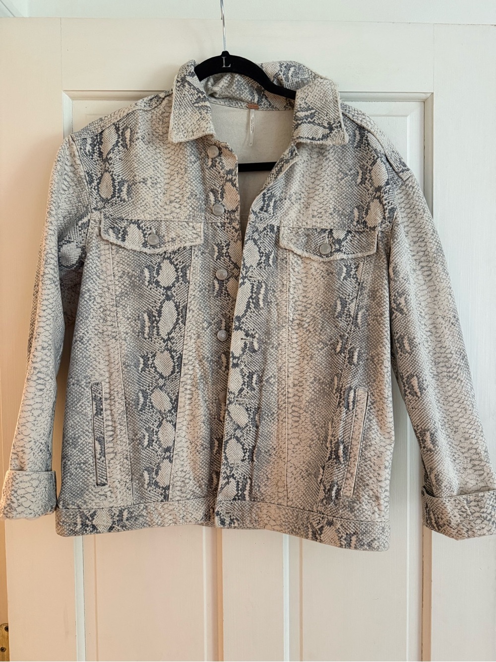Free People Snake-Print Jean Jacket in Cream and Gray snake print